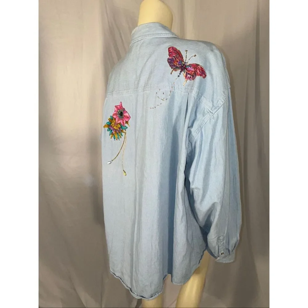 Basic Editions Oversized Denim Shirt 3X – Hand Embellished Floral & Butterfly We